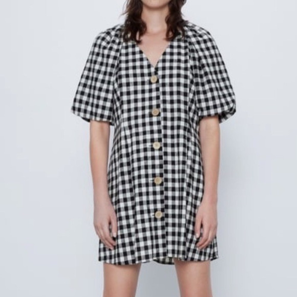 Zara Black & White Checkered V-neck Dress Gingham Puff Sleeve Size XL Women's